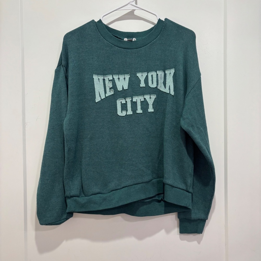 Wildfox New York City Graphic Knit Sweatshirt Teal Green Mens Medium Pullover‎